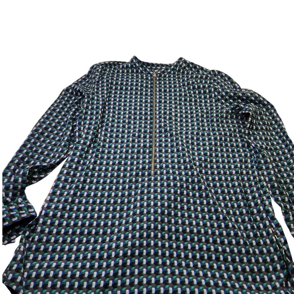 Halogen Women XL Blue Green Geometric Zip Front Long Sleeve Blouse Pockets